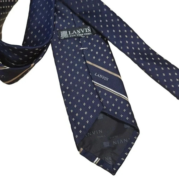 Lanvin New York Paris Dot Pattern Navy Blue Neckwear Tie - Picture 3 of 4